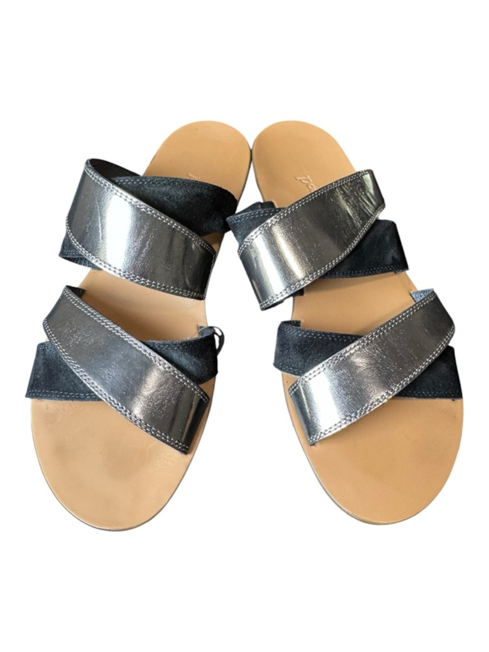 Paul Green Metallic Silver & Black Suede Criss-Cross Slide Sandals Size 6.5